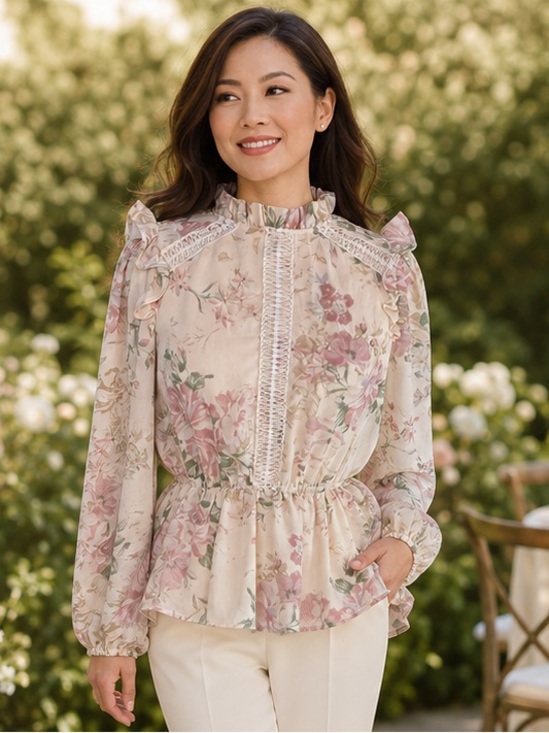 Alice Blue Tops - Alice Blue Floral Peplum Blouse M Ruffle Lace Long Sleeve Cottagecore Boho NWT